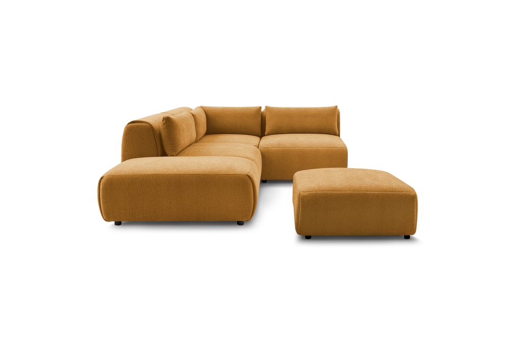 Jeanne - Canapé D'Angle Fixe Modulable - Tissu Texturé Avec 2 Chauffeuses, 1 Angle Et 2 Poufs