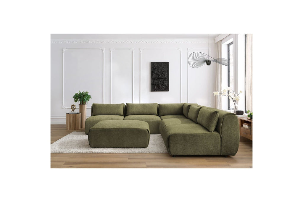 Jeanne - Canapé D'Angle Fixe Modulable - Tissu Texturé Avec 4 Chauffeuses, 1 Angle Et 1 Pouf