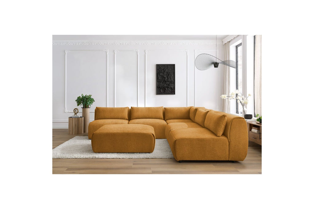 Jeanne - Canapé D'Angle Fixe Modulable - Tissu Texturé Avec 4 Chauffeuses, 1 Angle Et 1 Pouf