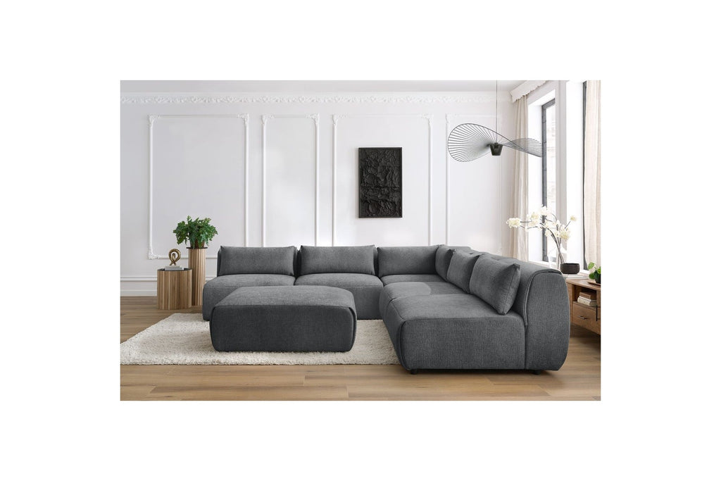 Jeanne - Canapé D'Angle Fixe Modulable - Tissu Texturé Avec 4 Chauffeuses, 1 Angle Et 1 Pouf
