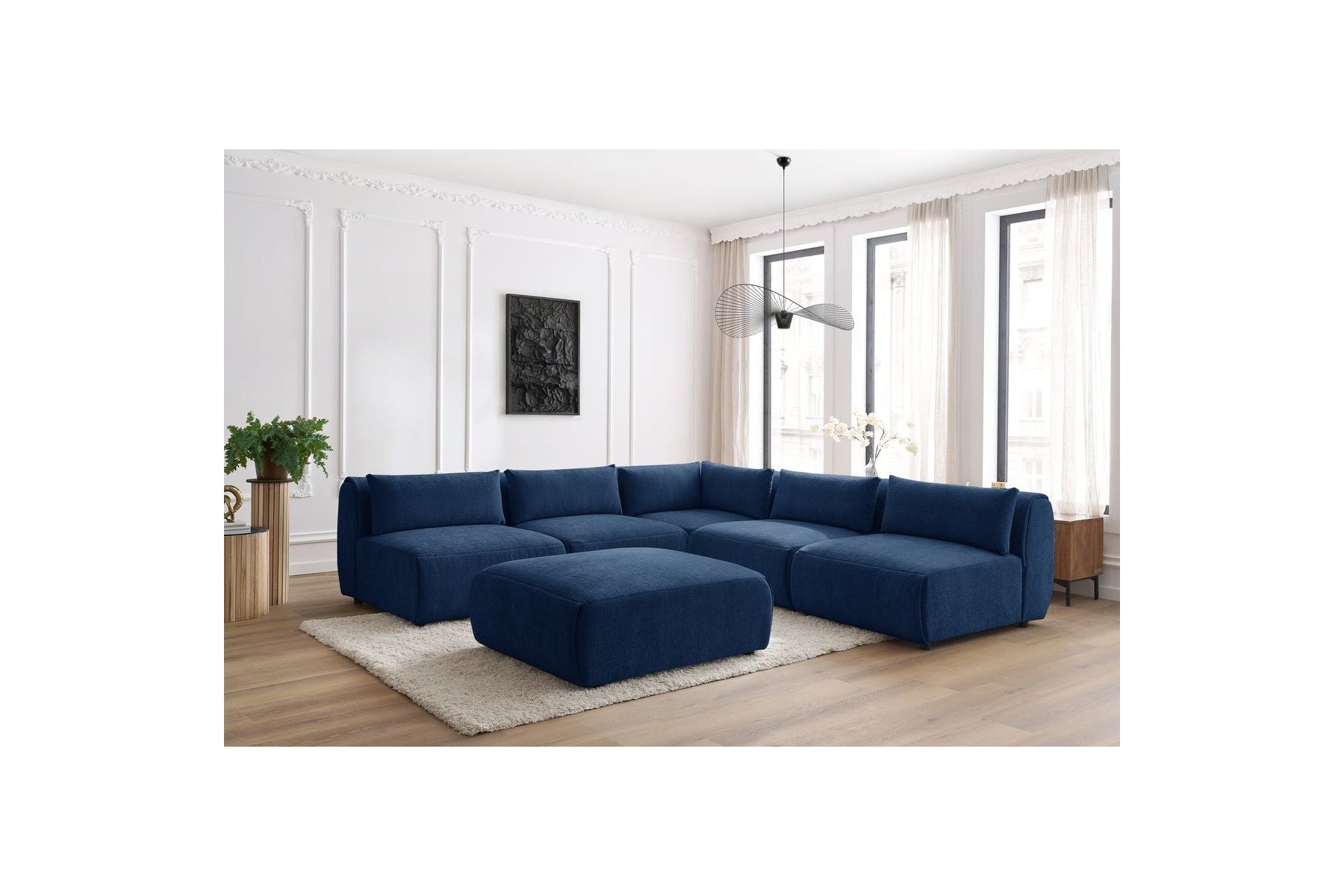 Jeanne - Canapé D'Angle Fixe Modulable - Tissu Texturé Avec 4 Chauffeuses, 1 Angle Et 1 Pouf