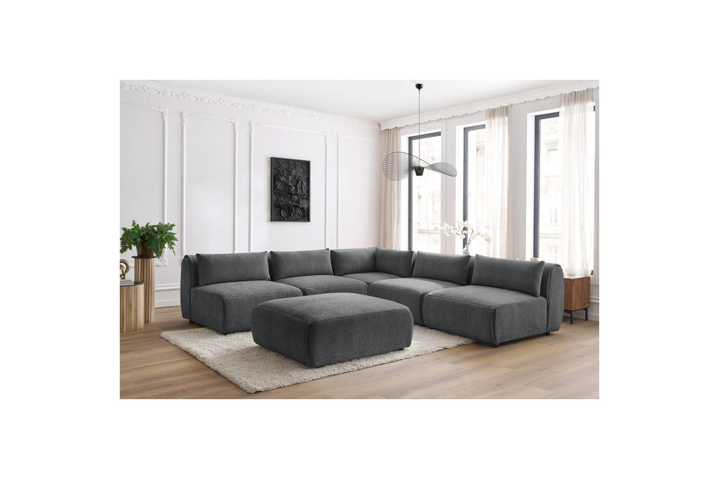 Jeanne - Canapé D'Angle Fixe Modulable - Tissu Texturé Avec 4 Chauffeuses, 1 Angle Et 1 Pouf