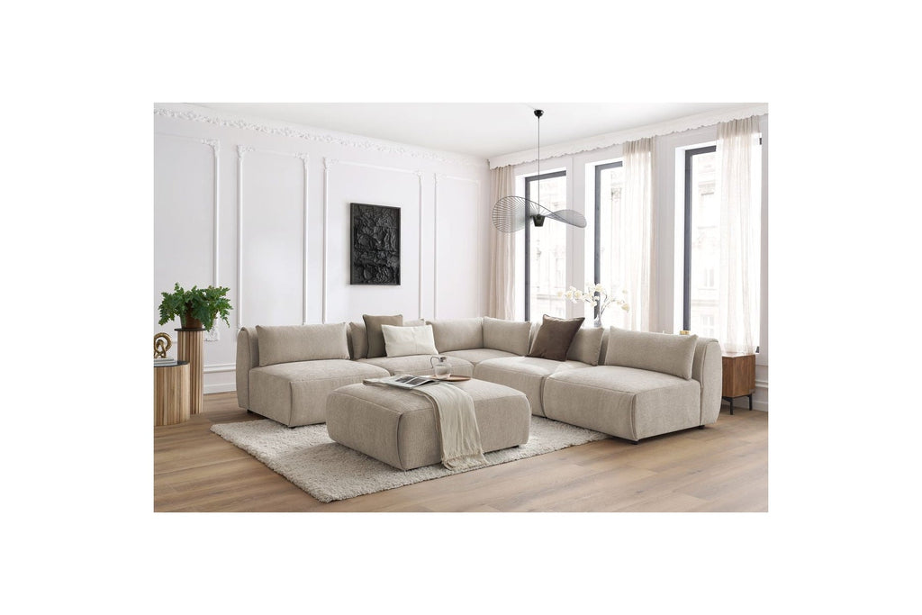 Jeanne - Canapé D'Angle Fixe Modulable - Tissu Texturé Avec 4 Chauffeuses, 1 Angle Et 1 Pouf