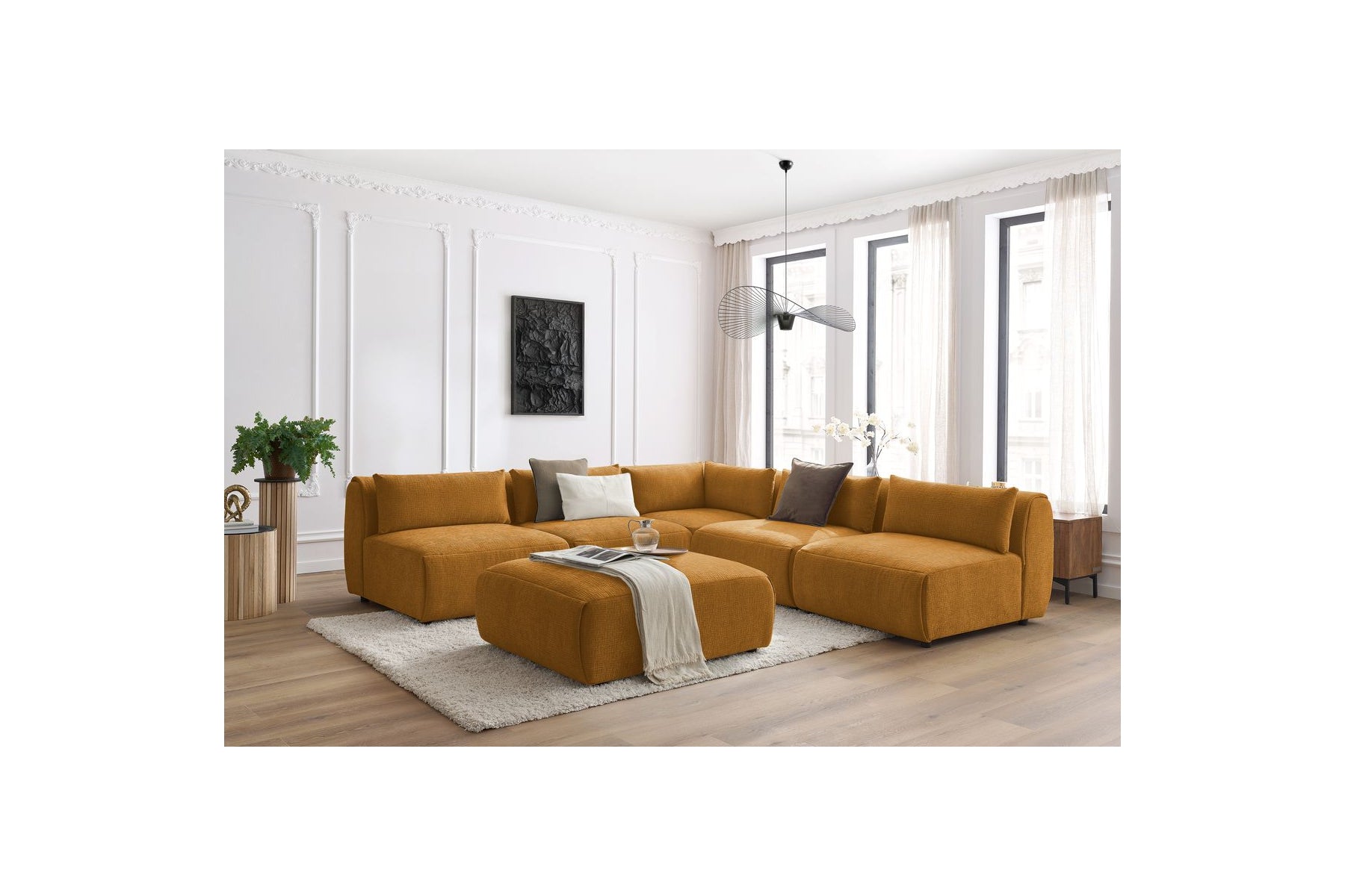 Jeanne - Canapé D'Angle Fixe Modulable - Tissu Texturé Avec 4 Chauffeuses, 1 Angle Et 1 Pouf