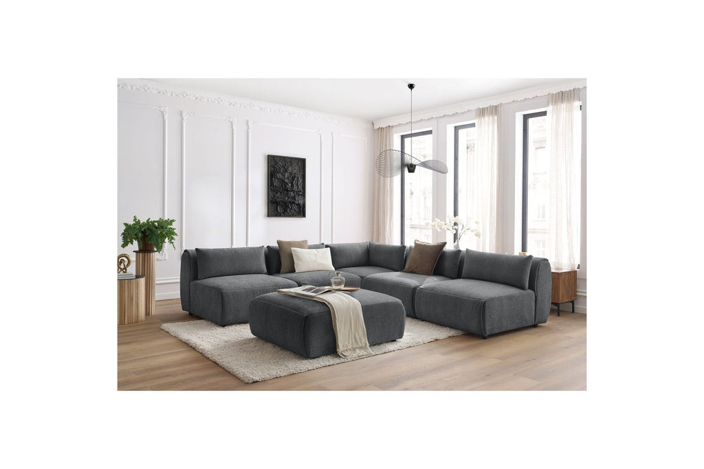 Jeanne - Canapé D'Angle Fixe Modulable - Tissu Texturé Avec 4 Chauffeuses, 1 Angle Et 1 Pouf