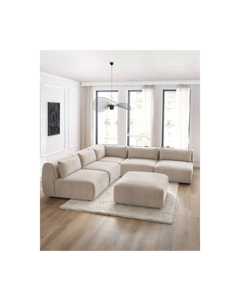 Jeanne - Canapé D'Angle Fixe Modulable - Tissu Texturé Avec 4 Chauffeuses, 1 Angle Et 1 Pouf