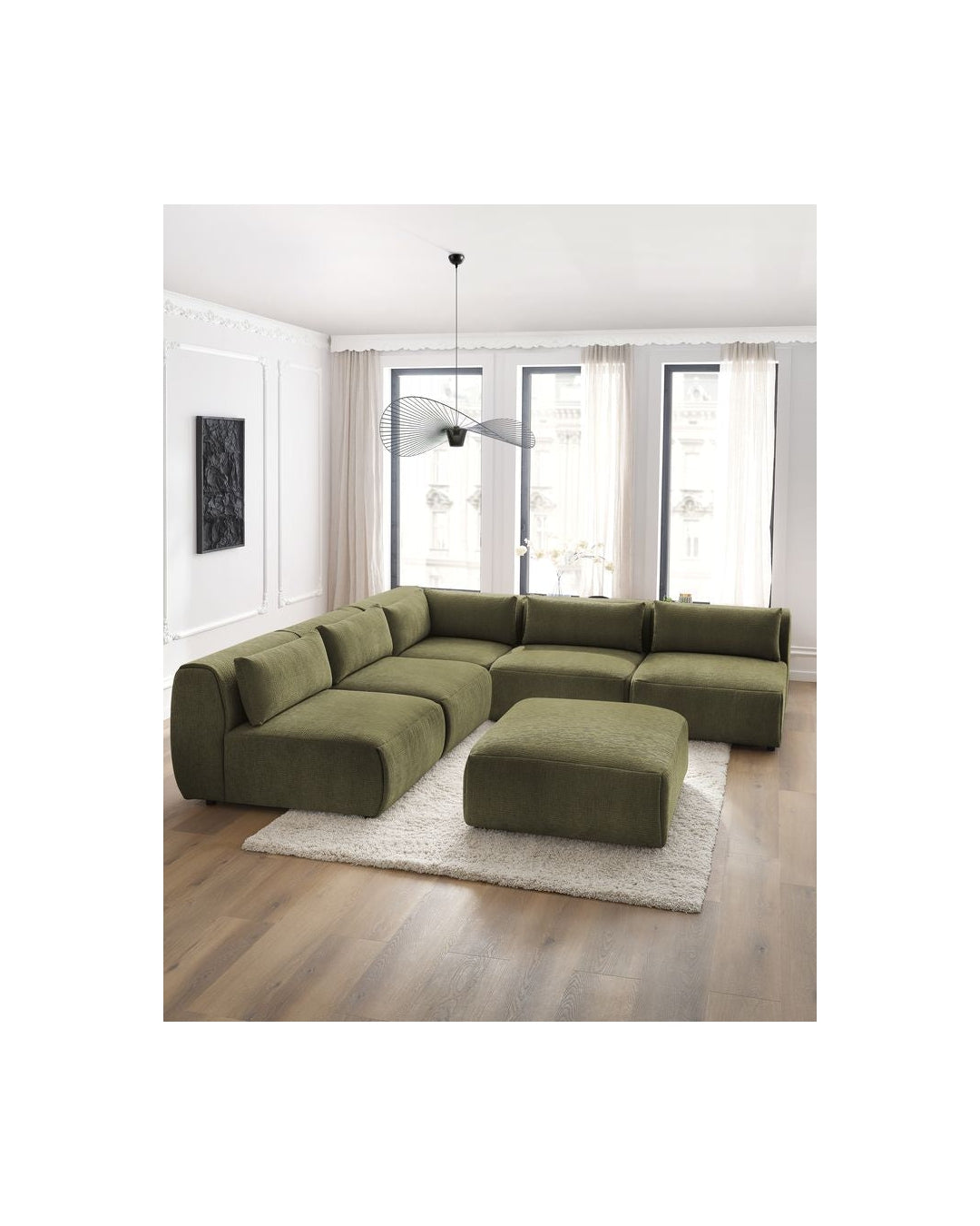 Jeanne - Canapé D'Angle Fixe Modulable - Tissu Texturé Avec 4 Chauffeuses, 1 Angle Et 1 Pouf