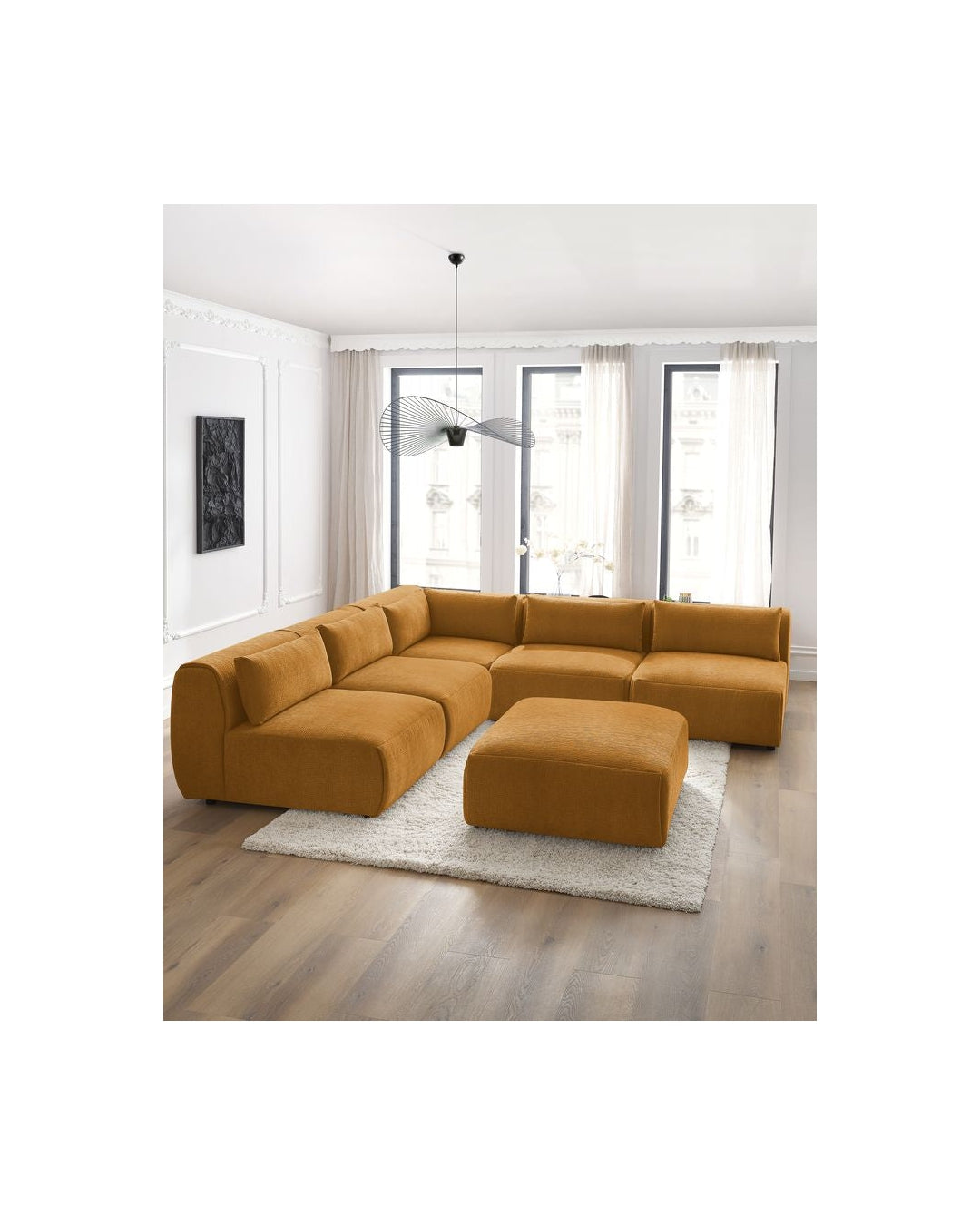Jeanne - Canapé D'Angle Fixe Modulable - Tissu Texturé Avec 4 Chauffeuses, 1 Angle Et 1 Pouf