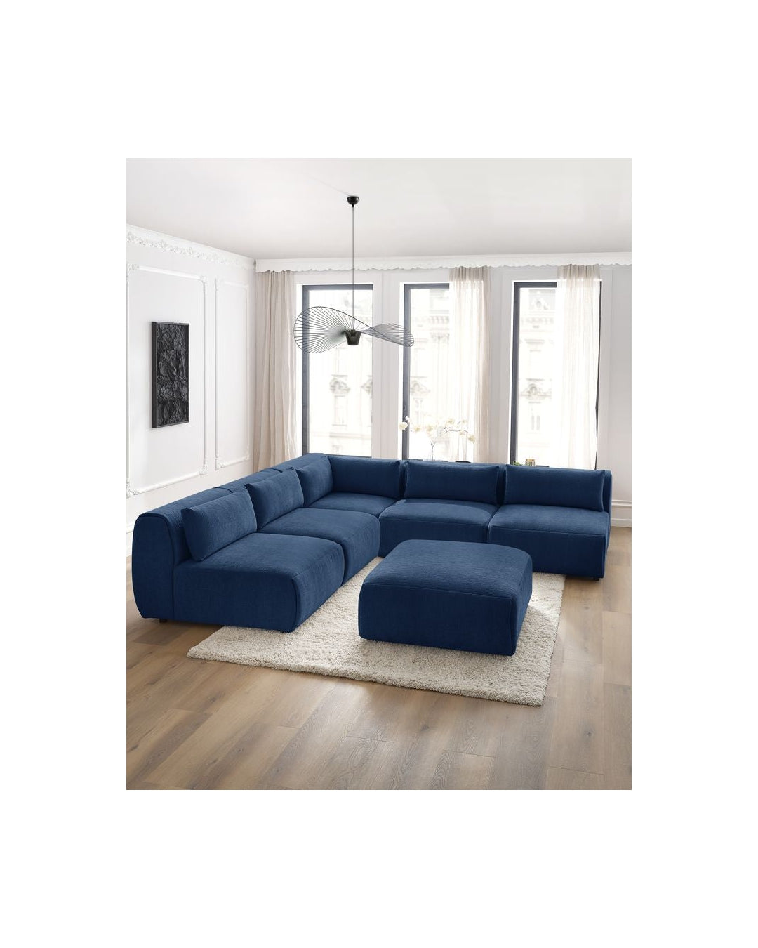 Jeanne - Canapé D'Angle Fixe Modulable - Tissu Texturé Avec 4 Chauffeuses, 1 Angle Et 1 Pouf