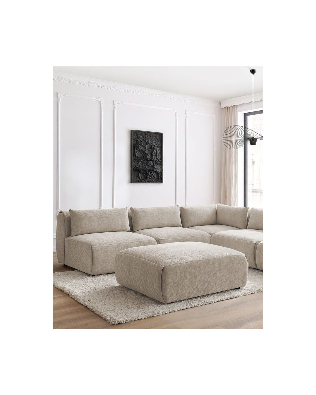 Jeanne - Canapé D'Angle Fixe Modulable - Tissu Texturé Avec 4 Chauffeuses, 1 Angle Et 1 Pouf