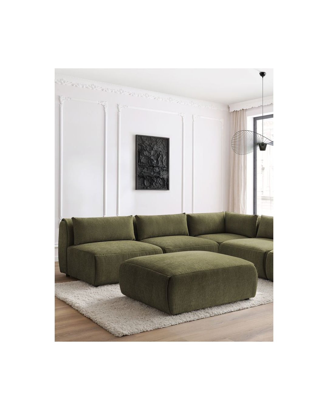 Jeanne - Canapé D'Angle Fixe Modulable - Tissu Texturé Avec 4 Chauffeuses, 1 Angle Et 1 Pouf