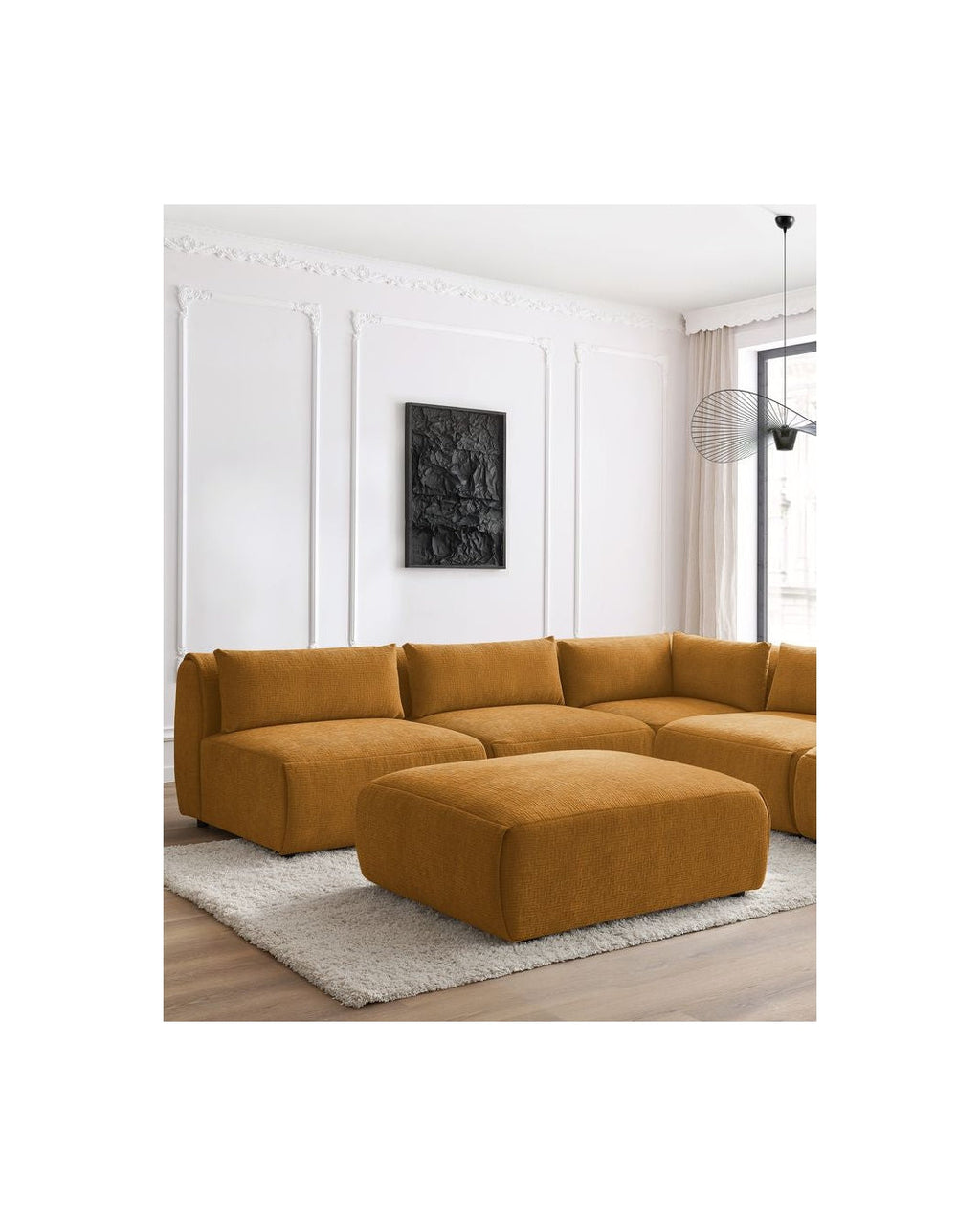 Jeanne - Canapé D'Angle Fixe Modulable - Tissu Texturé Avec 4 Chauffeuses, 1 Angle Et 1 Pouf