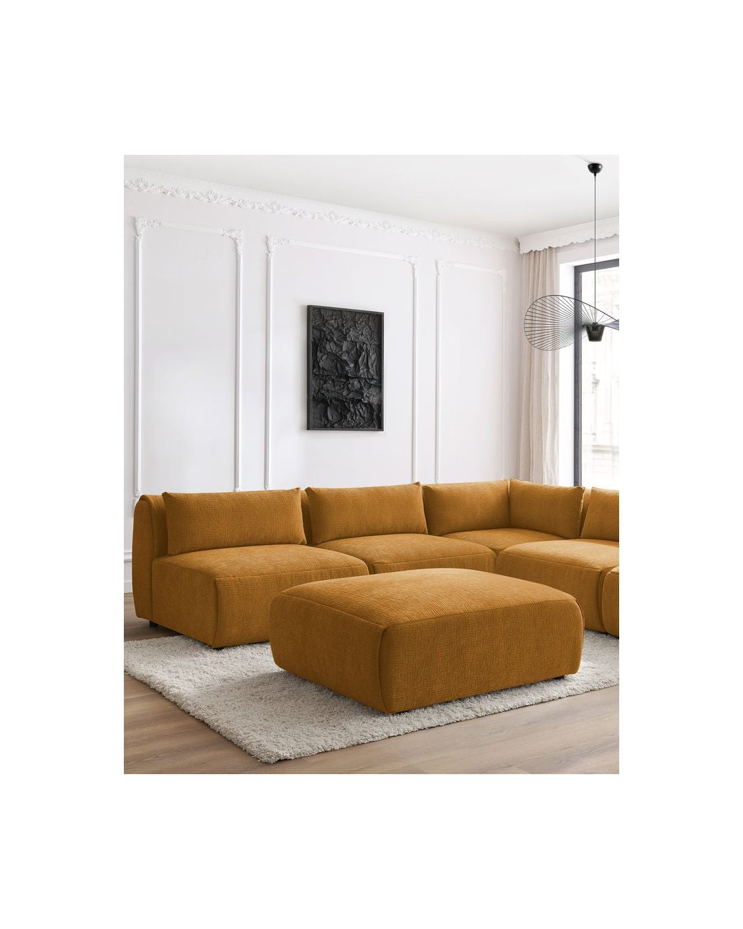 Jeanne - Canapé D'Angle Fixe Modulable - Tissu Texturé Avec 4 Chauffeuses, 1 Angle Et 1 Pouf