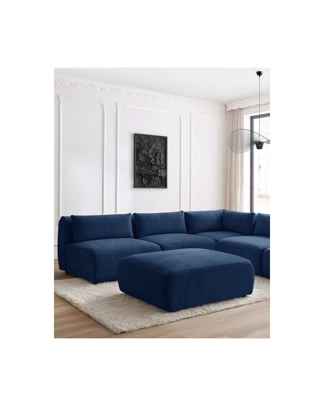 Jeanne - Canapé D'Angle Fixe Modulable - Tissu Texturé Avec 4 Chauffeuses, 1 Angle Et 1 Pouf
