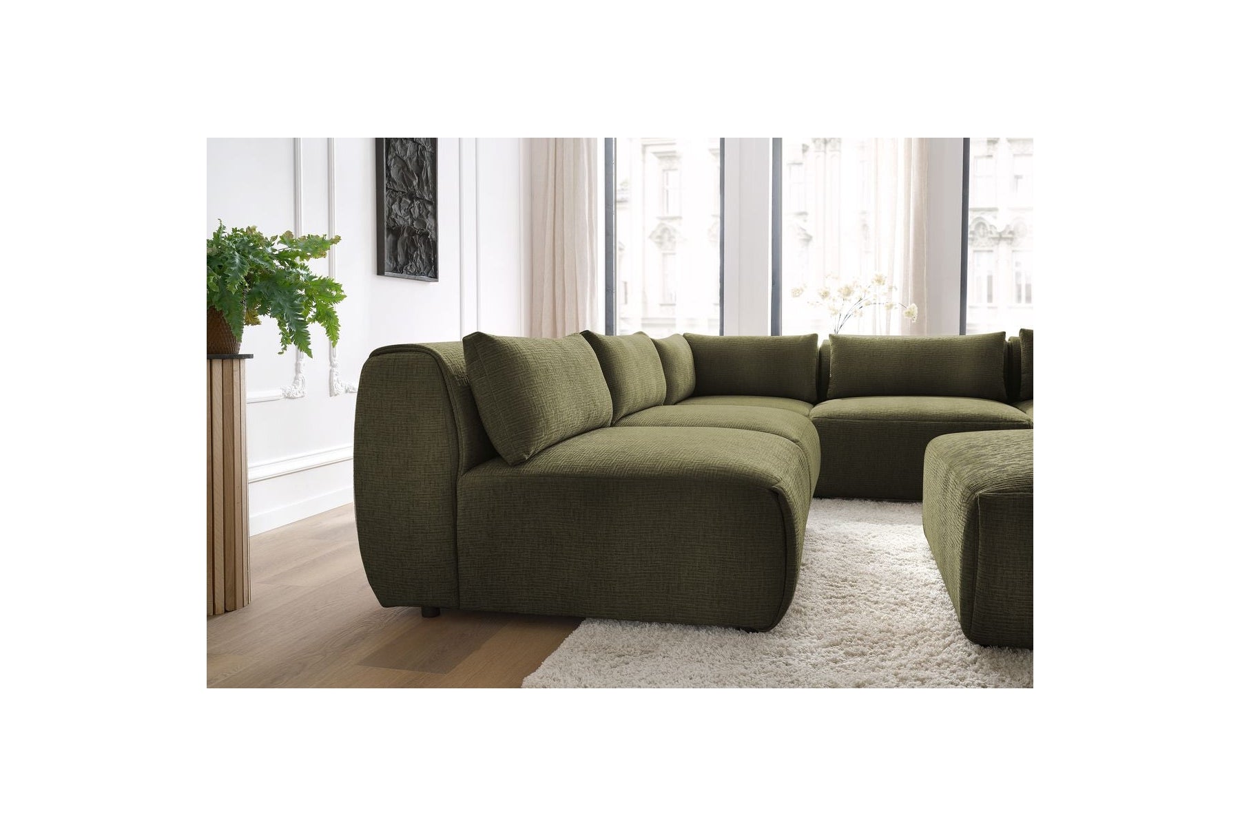 Jeanne - Canapé D'Angle Fixe Modulable - Tissu Texturé Avec 4 Chauffeuses, 1 Angle Et 1 Pouf