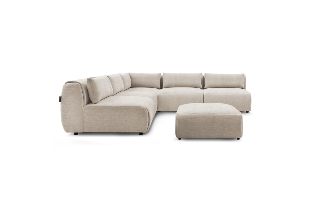 Jeanne - Canapé D'Angle Fixe Modulable - Tissu Texturé Avec 4 Chauffeuses, 1 Angle Et 1 Pouf