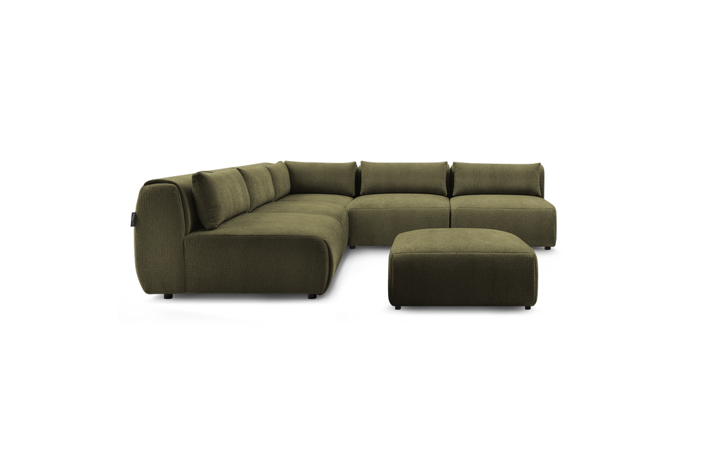 Jeanne - Canapé D'Angle Fixe Modulable - Tissu Texturé Avec 4 Chauffeuses, 1 Angle Et 1 Pouf