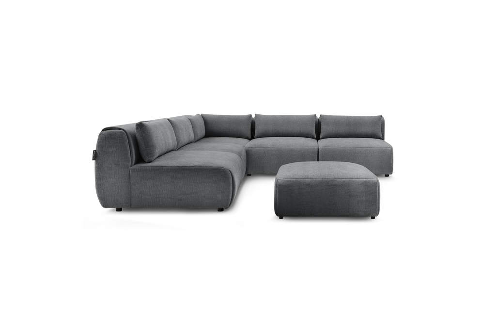 Jeanne - Canapé D'Angle Fixe Modulable - Tissu Texturé Avec 4 Chauffeuses, 1 Angle Et 1 Pouf