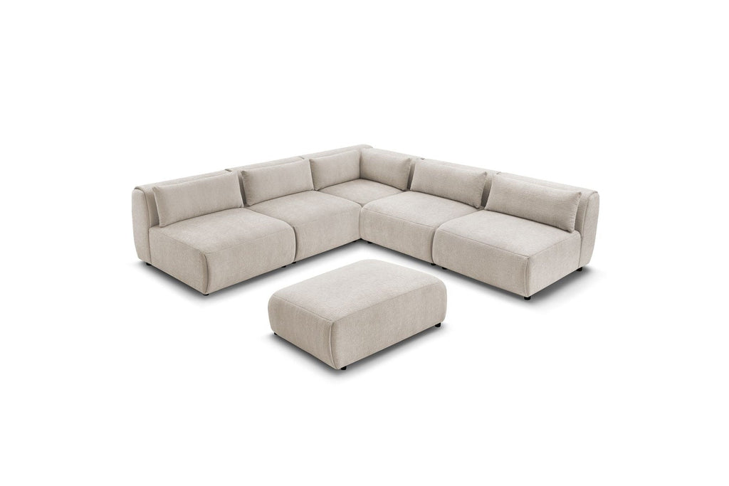 Jeanne - Canapé D'Angle Fixe Modulable - Tissu Texturé Avec 4 Chauffeuses, 1 Angle Et 1 Pouf