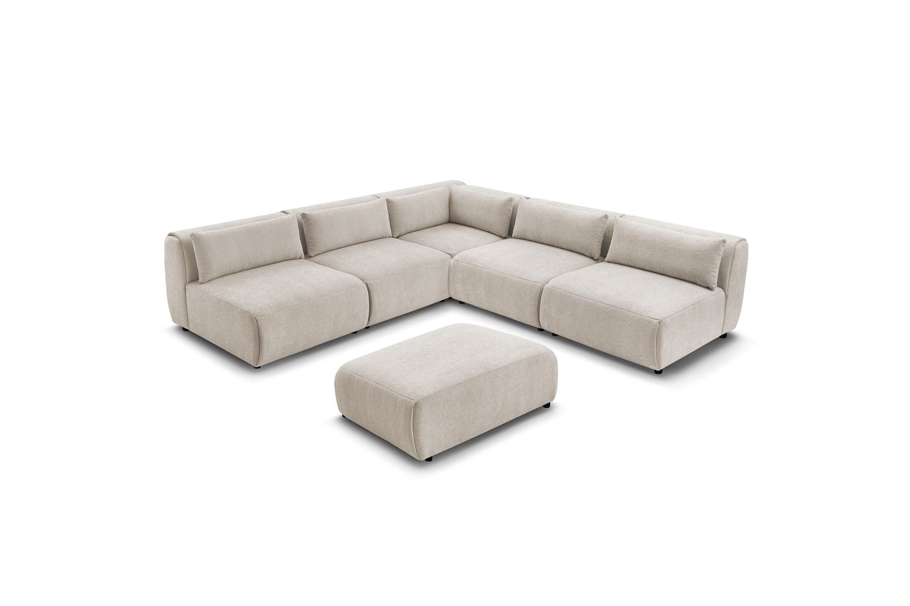 Jeanne - Canapé D'Angle Fixe Modulable - Tissu Texturé Avec 4 Chauffeuses, 1 Angle Et 1 Pouf