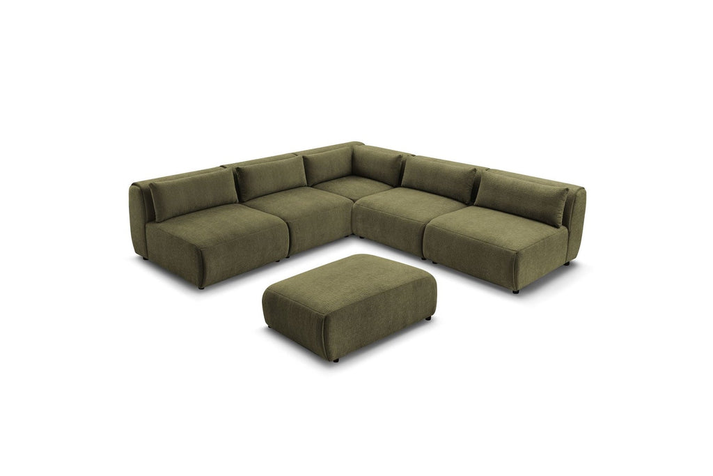 Jeanne - Canapé D'Angle Fixe Modulable - Tissu Texturé Avec 4 Chauffeuses, 1 Angle Et 1 Pouf