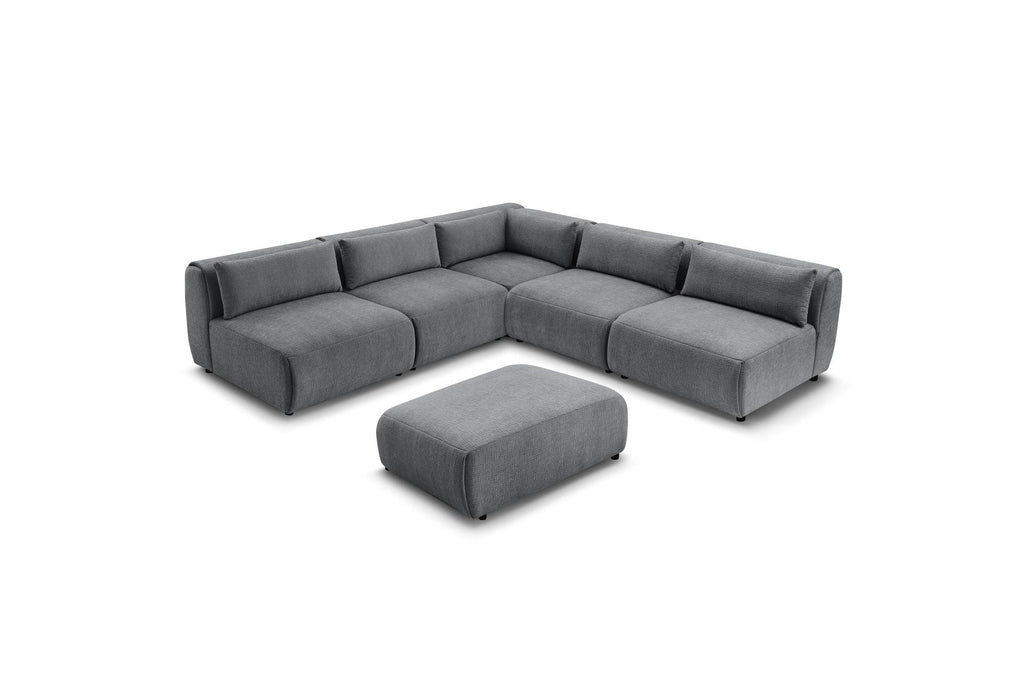 Jeanne - Canapé D'Angle Fixe Modulable - Tissu Texturé Avec 4 Chauffeuses, 1 Angle Et 1 Pouf