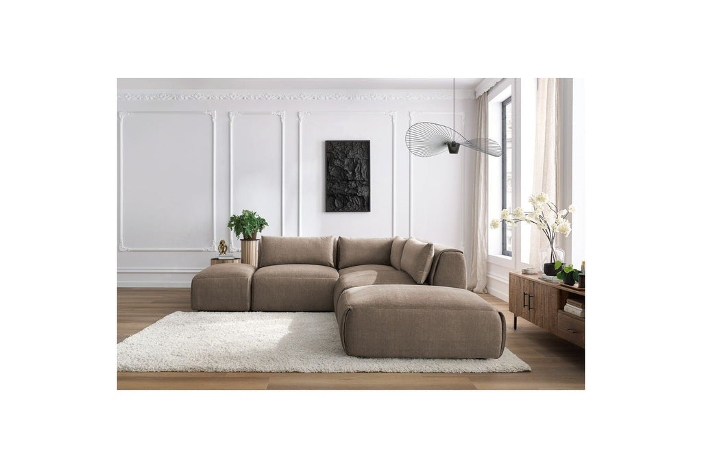Jeanne - Canapé D'Angle Fixe Modulable - Tissu Velours Avec 2 Chauffeuses, 1 Angle Et 2 Poufs