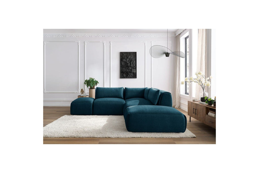 Jeanne - Canapé D'Angle Fixe Modulable - Tissu Velours Avec 2 Chauffeuses, 1 Angle Et 2 Poufs