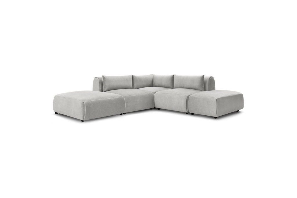 Jeanne - Canapé D'Angle Fixe Modulable - Tissu Velours Avec 2 Chauffeuses, 1 Angle Et 2 Poufs