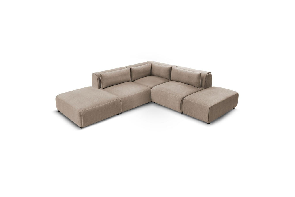 Jeanne - Canapé D'Angle Fixe Modulable - Tissu Velours Avec 2 Chauffeuses, 1 Angle Et 2 Poufs
