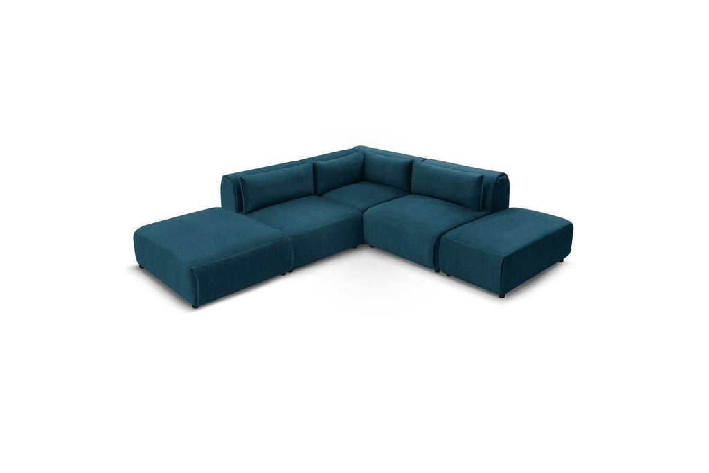 Jeanne - Canapé D'Angle Fixe Modulable - Tissu Velours Avec 2 Chauffeuses, 1 Angle Et 2 Poufs