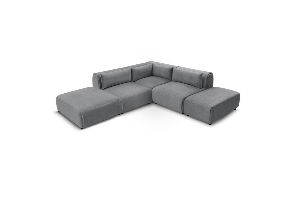 Jeanne - Canapé D'Angle Fixe Modulable - Tissu Velours Avec 2 Chauffeuses, 1 Angle Et 2 Poufs