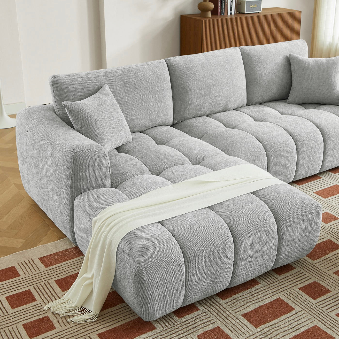 Kerea - Canapé D'Angle Gauche Fixe 4 Places - Tissu Chenille Gris