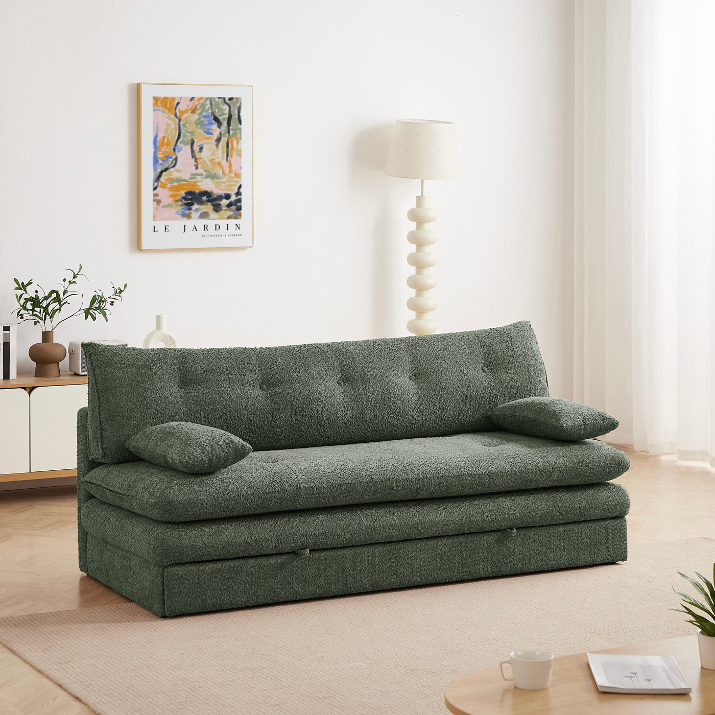 Kiara - Banquette Convertible 3 Places - Tissu Bouclette Vert