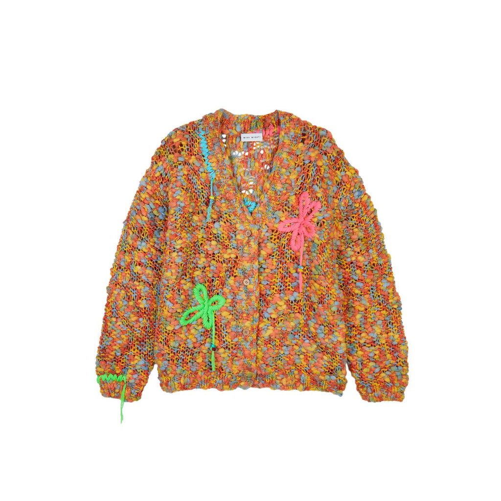 Cardigan Embroidered Flowers Slub Yarn