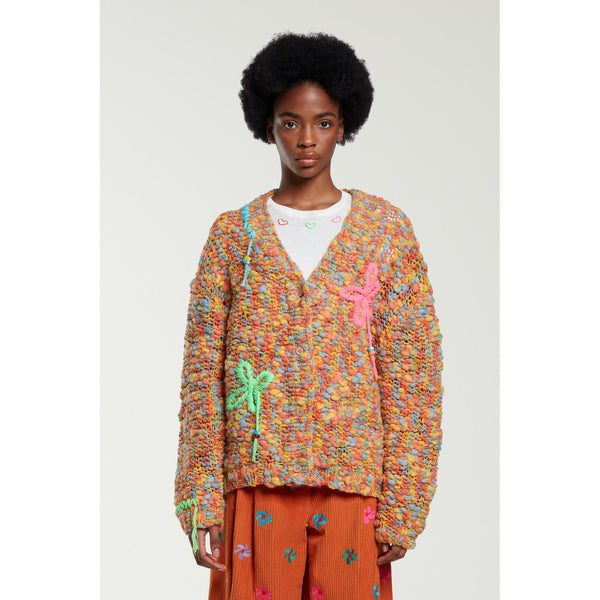 Cardigan Embroidered Flowers Slub Yarn