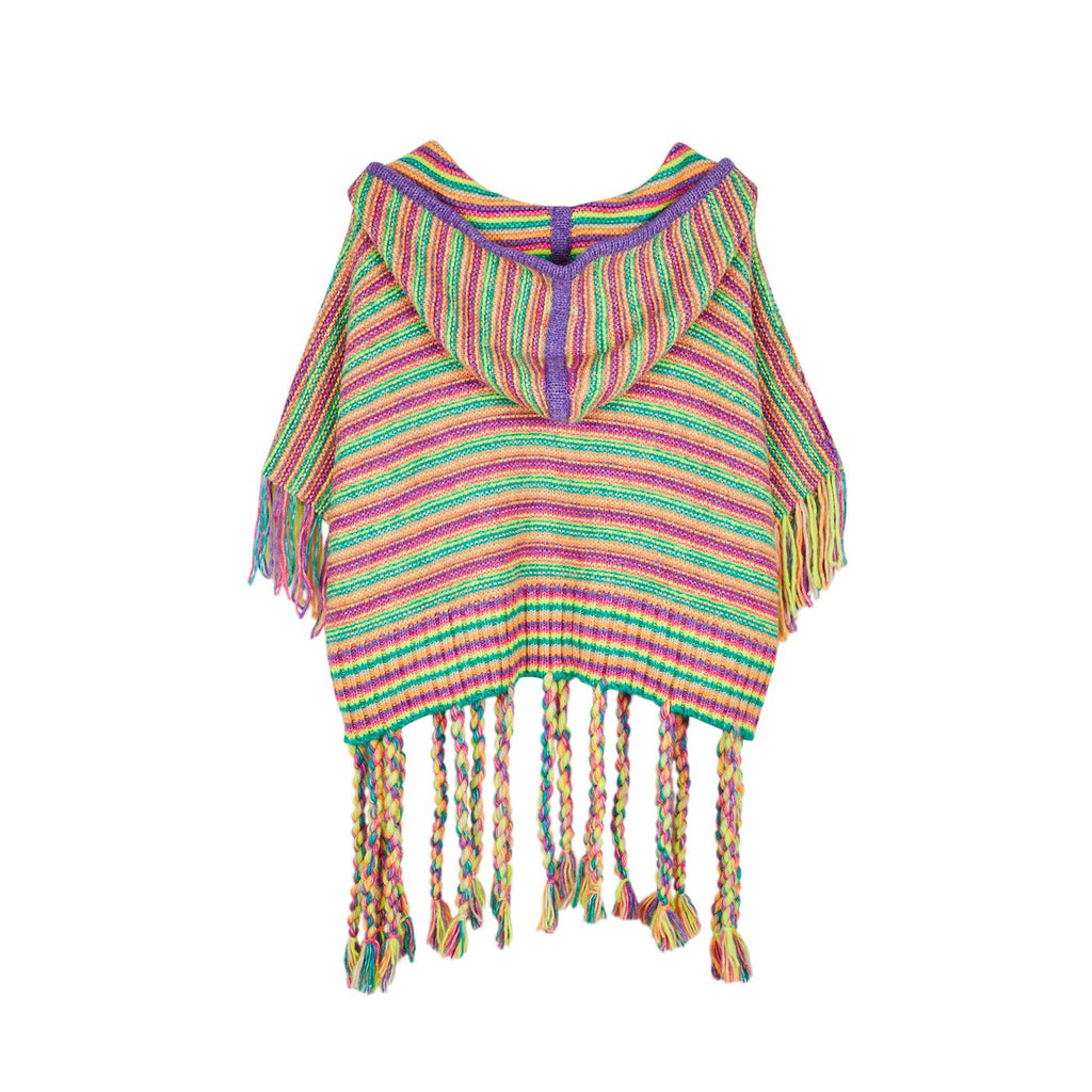 Poncho Striped Hooded Fringe Poncho