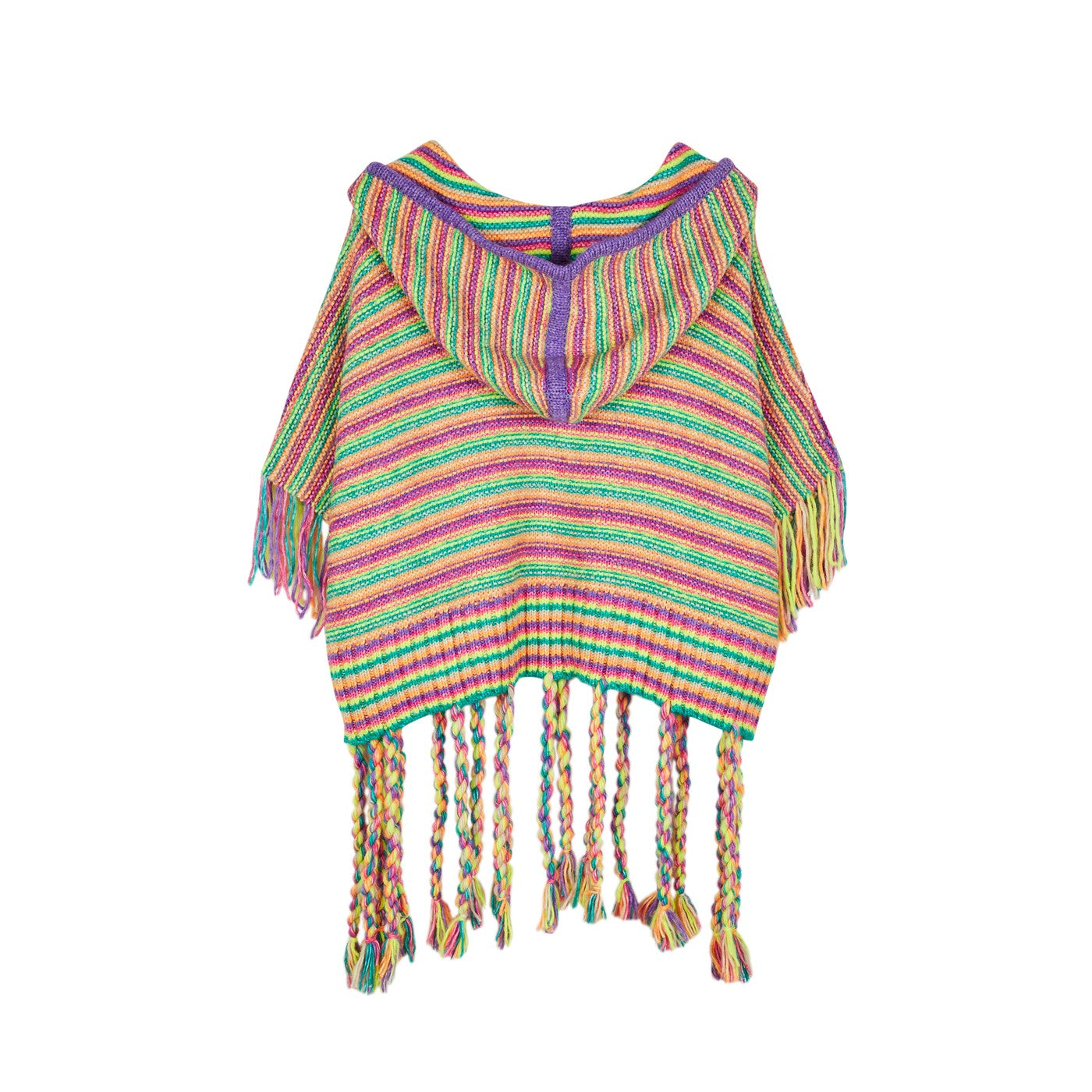 Poncho Striped Hooded Fringe Poncho