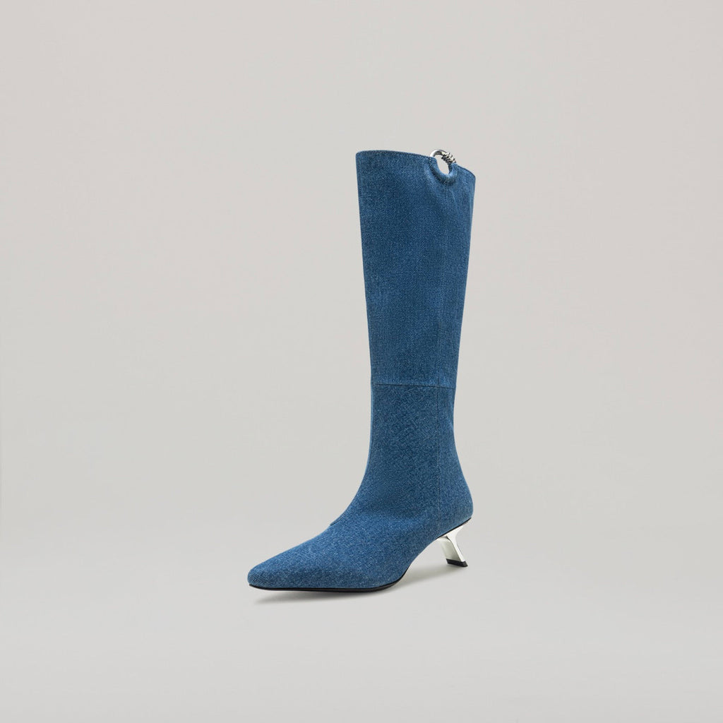Bottines Kitten Heel Pierced Knee - Black/Denim