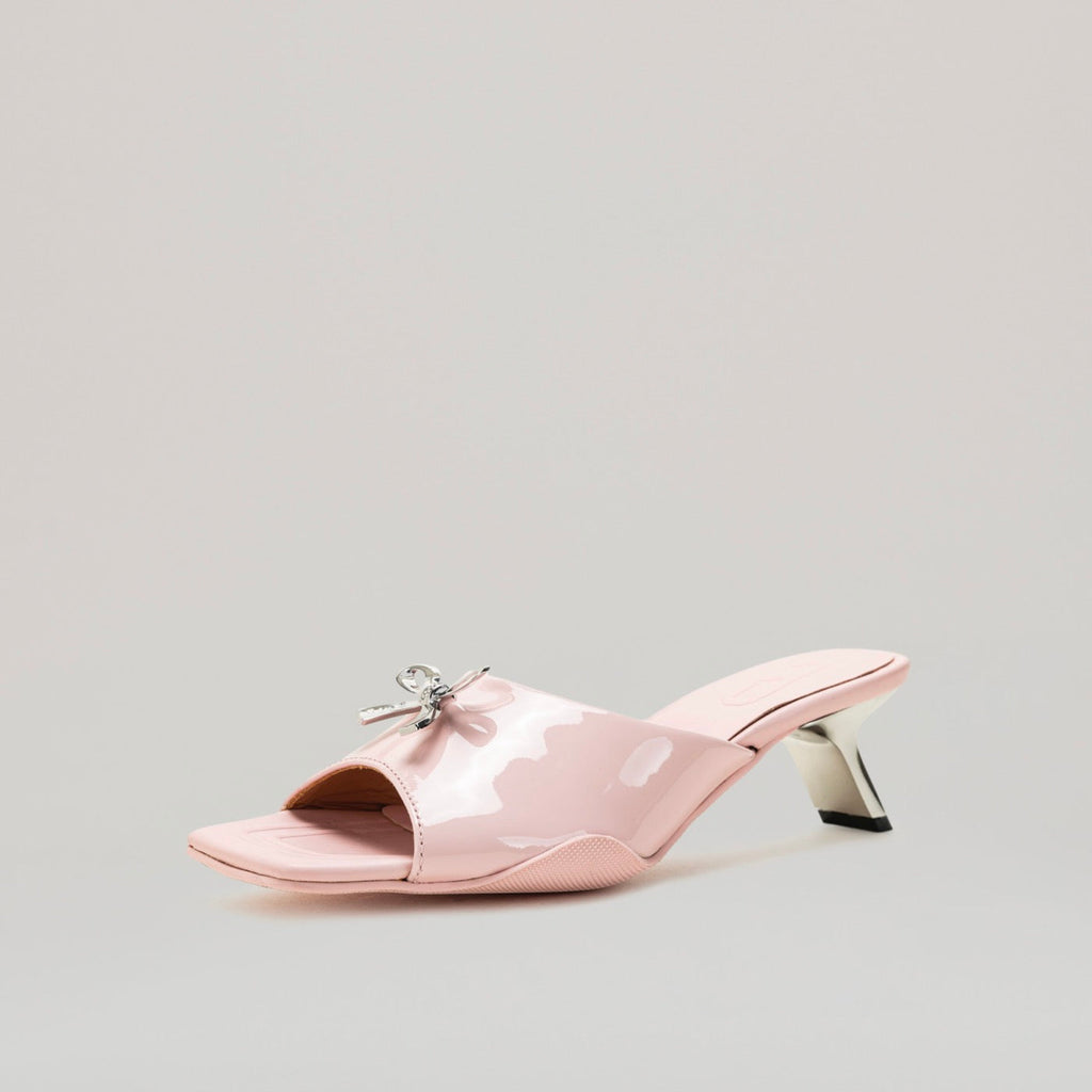 Mules Kitten Heel Metal Bow - Pink