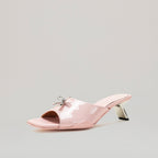 Mules Kitten Heel Metal Bow - Pink