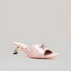 Mules Kitten Heel Metal Bow - Pink