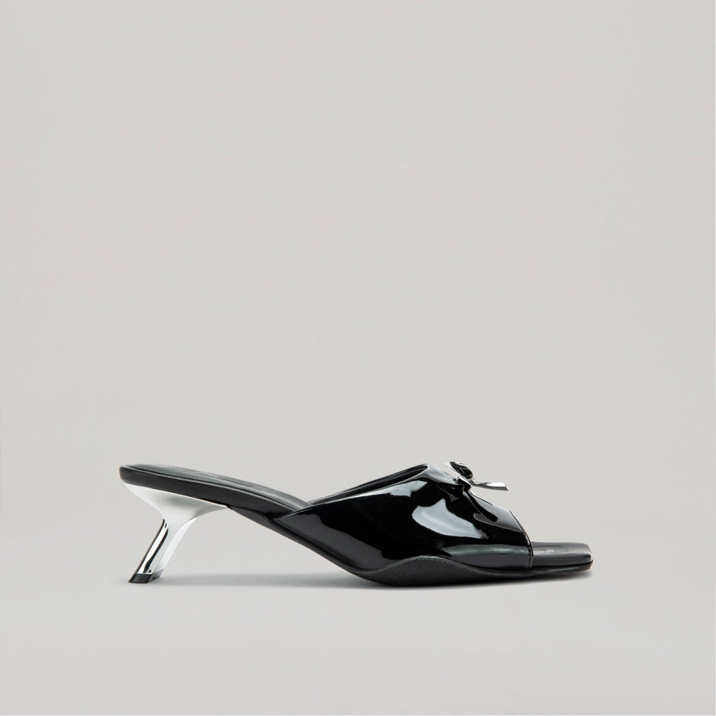 Mules Kitten Heel Metal Bow - Black