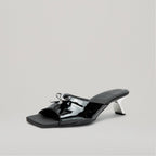 Mules Kitten Heel Metal Bow - Black