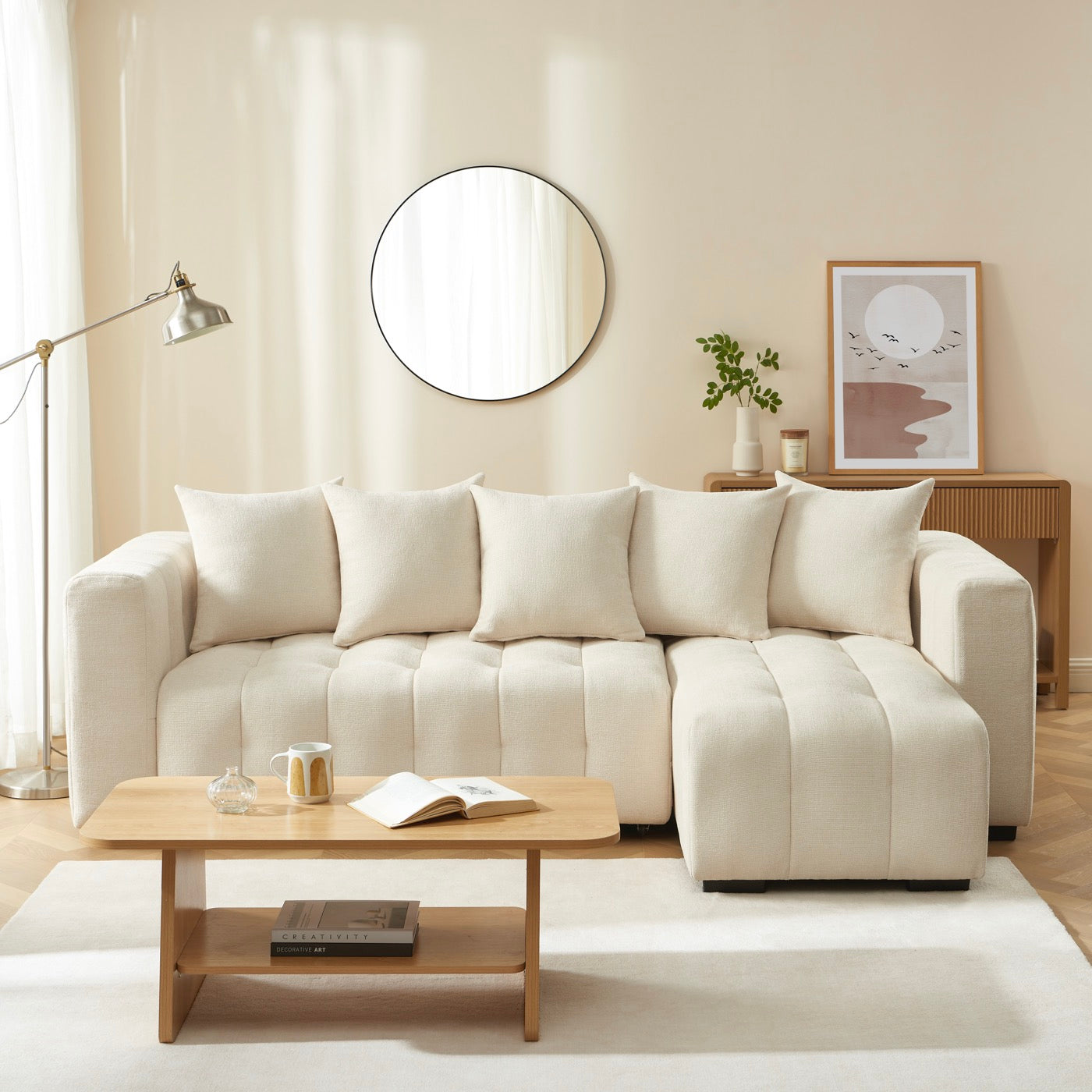Levia - Canapé D'Angle Convertible Et Réversible 4 Places - Tissu Beige