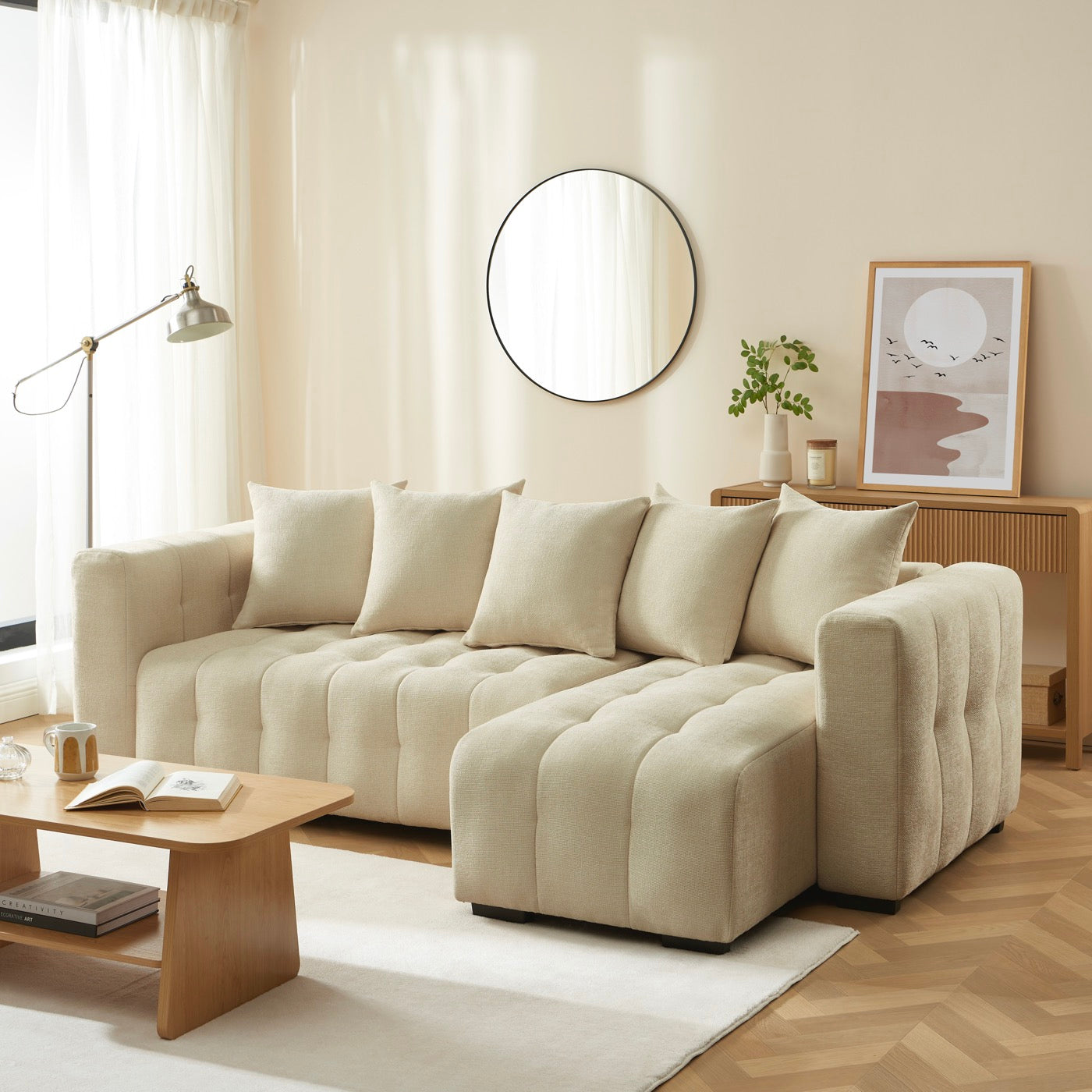 Levia - Canapé D'Angle Convertible Et Réversible 4 Places - Tissu Taupe