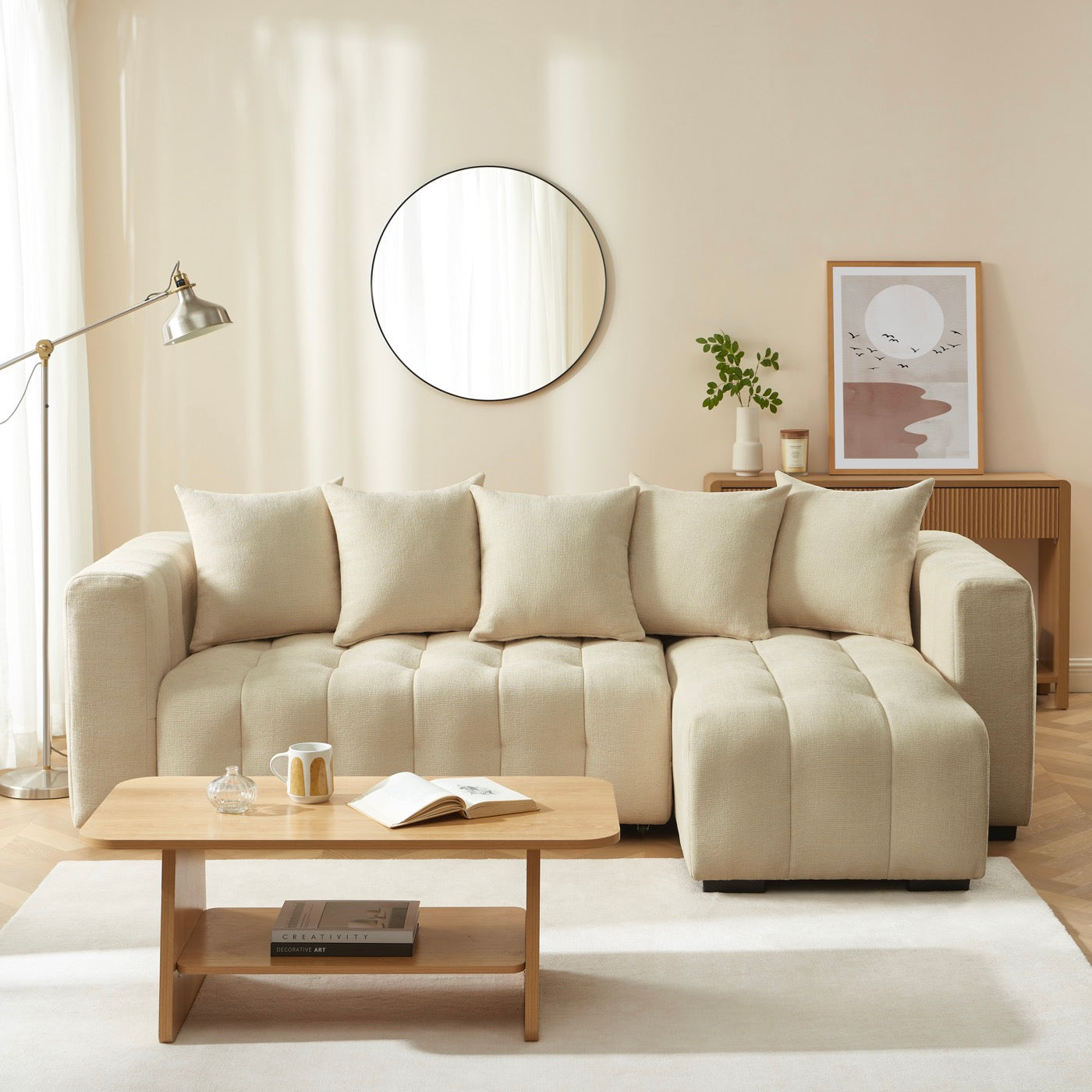 Levia - Canapé D'Angle Convertible Et Réversible 4 Places - Tissu Taupe