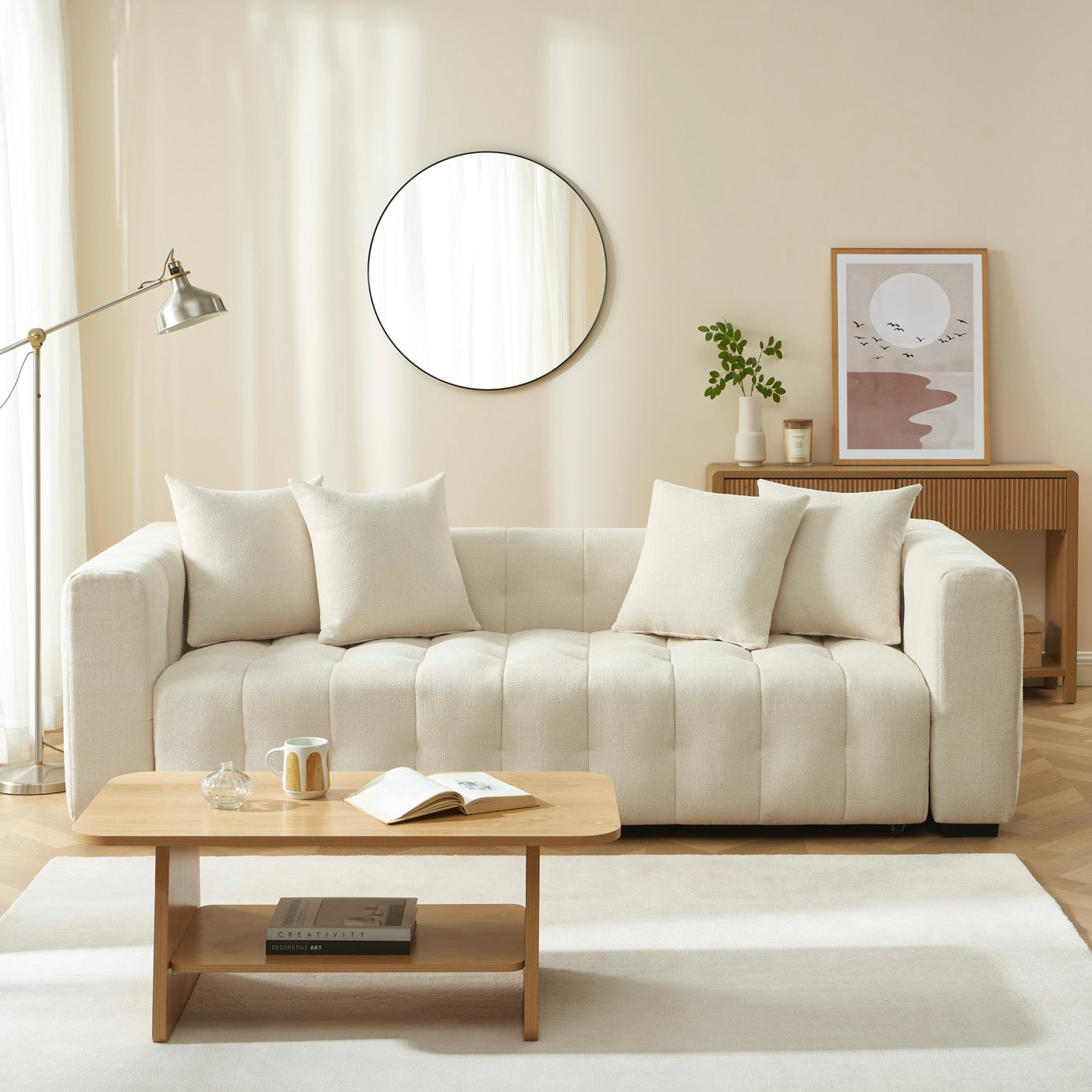 Levia - Canapé Droit Convertible 3 Places - Tissu Beige