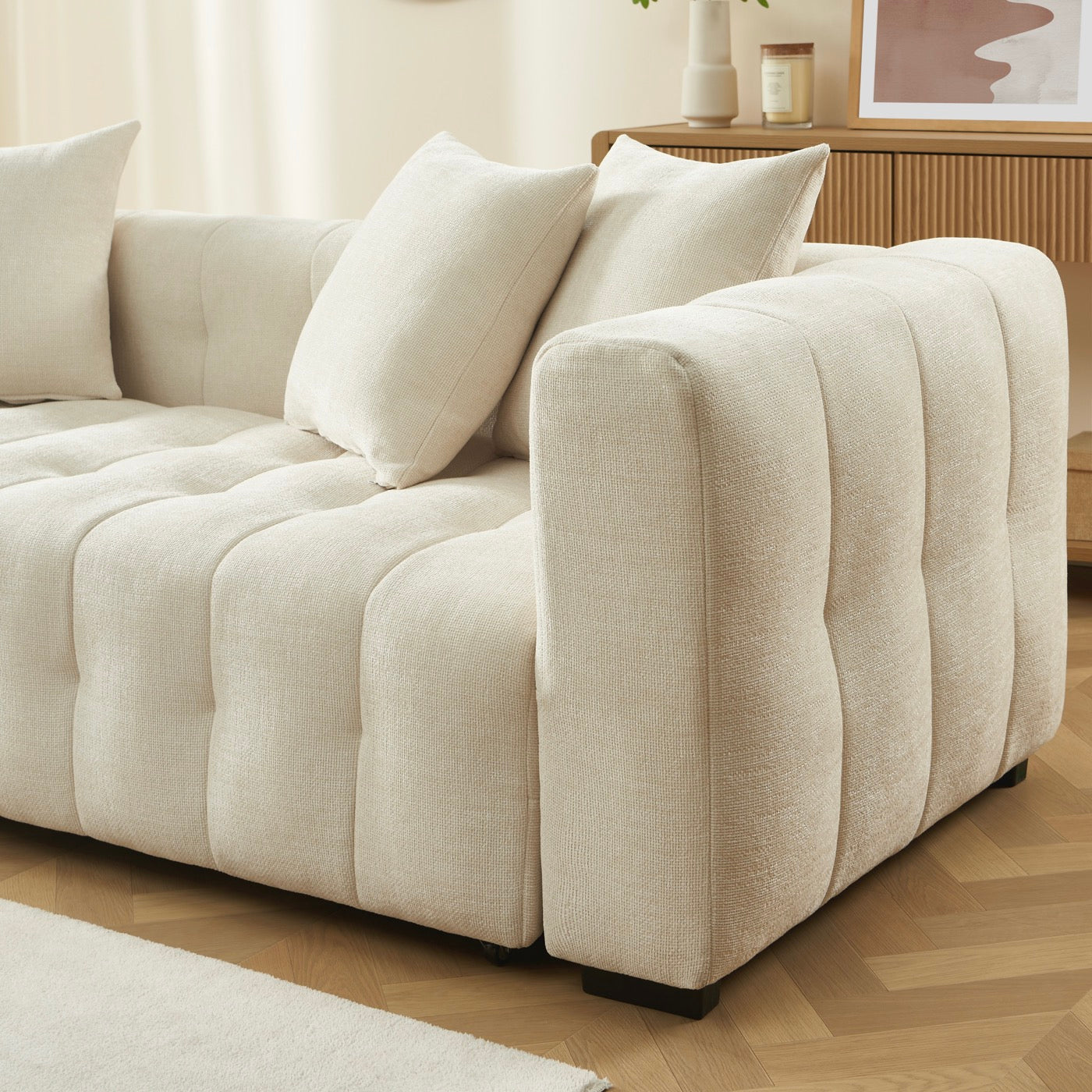 Levia - Canapé Droit Convertible 3 Places - Tissu Beige