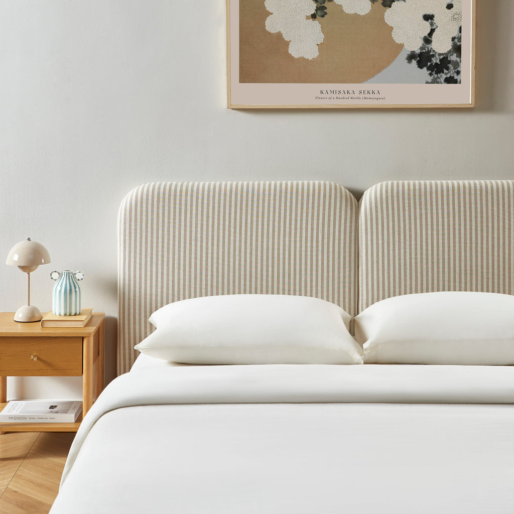 Louison - Tête De Lit - Tissu Lin Rayé - Blanc Et Beige
